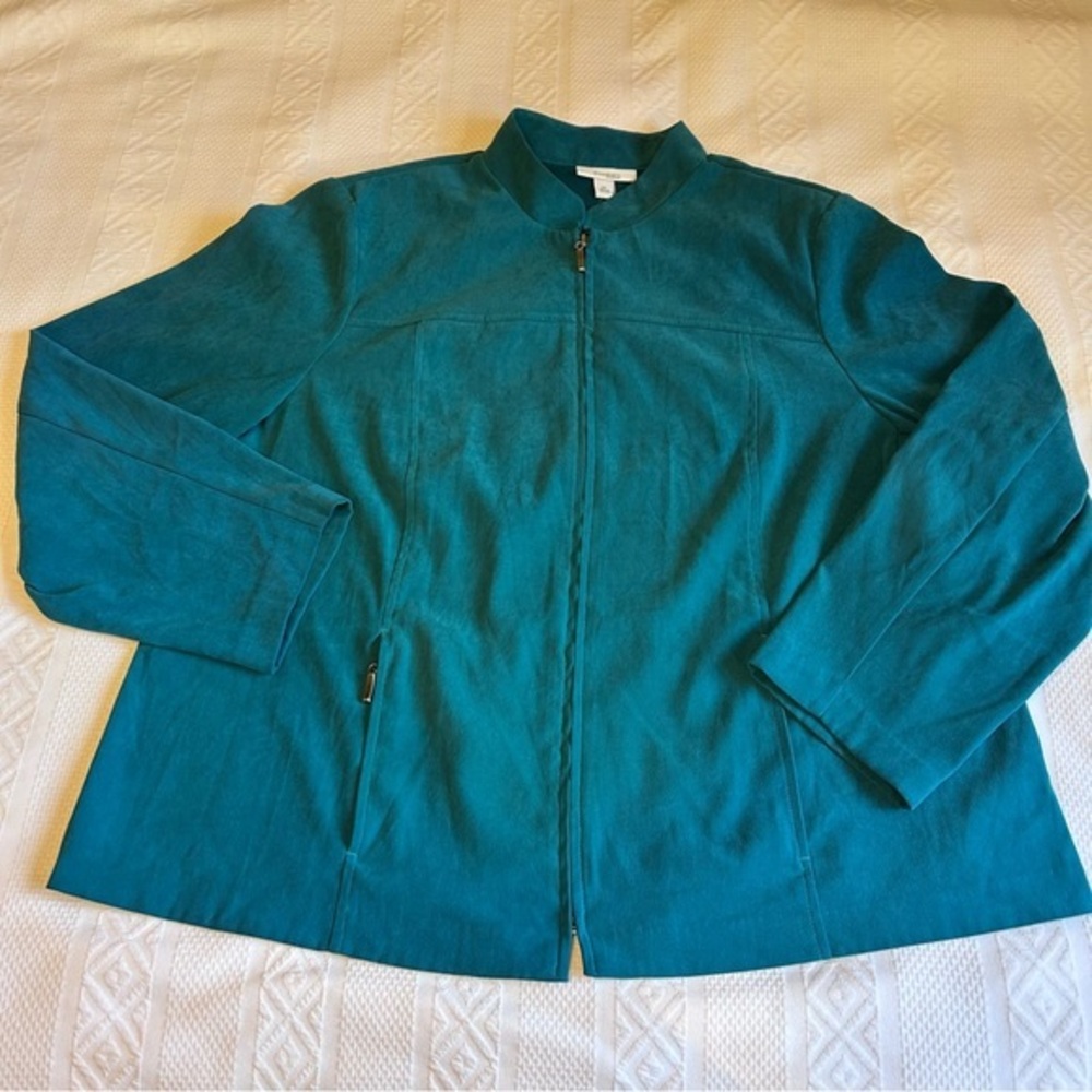 Dressbarn Woman Sueded Polyester Teal Blue Full Zip Blazer‎ Jacket Size 2X - Picture 5 of 6